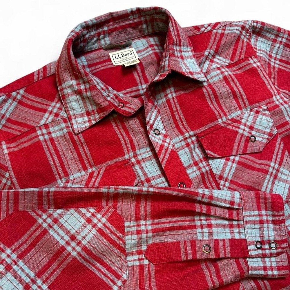 L.L.Bean red blue plaid flannel snap shirt elbow pads‎ size large regular